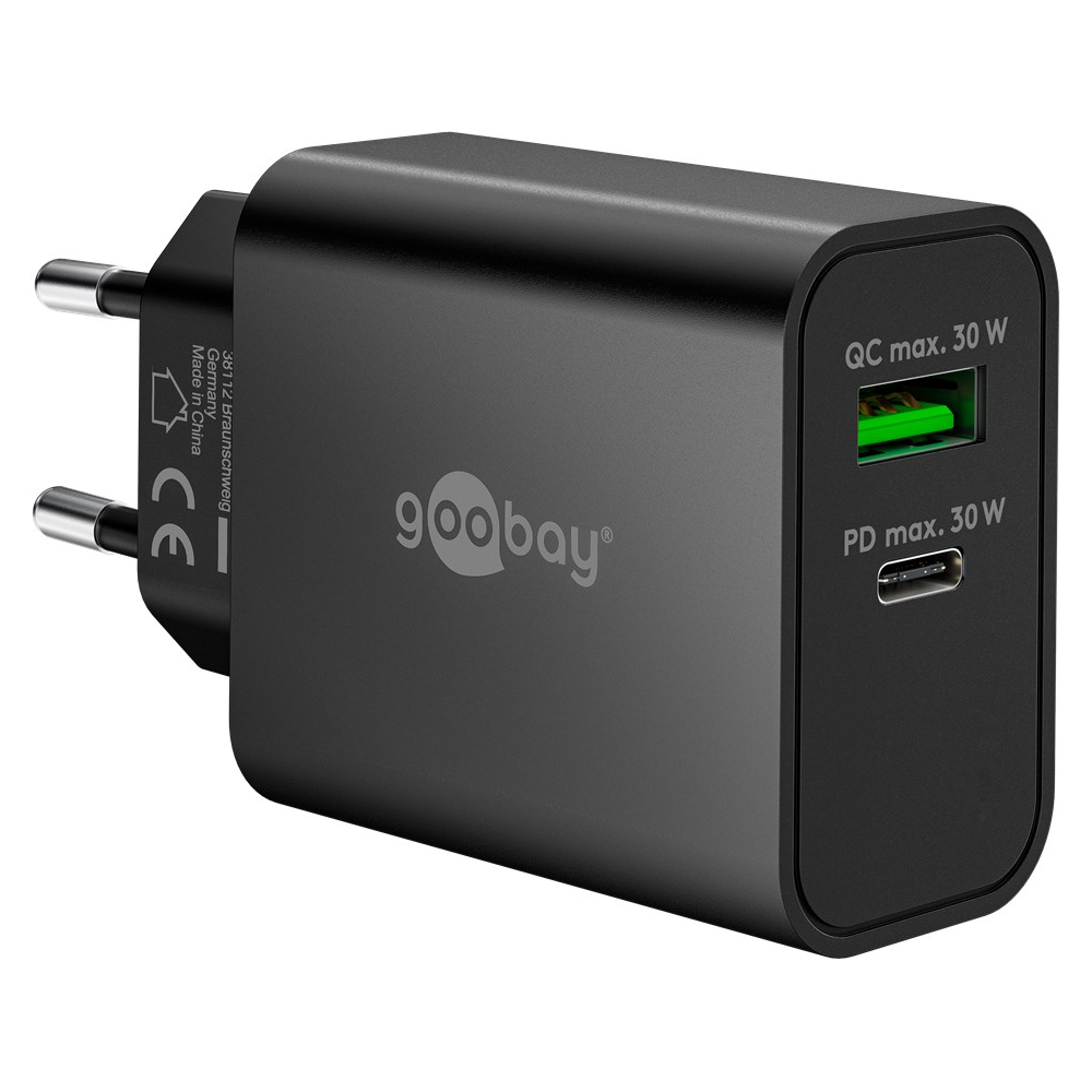 GaN brzi punjač GOOBAY 30W (USB-C PD + USB-A QC) crna boja-0
