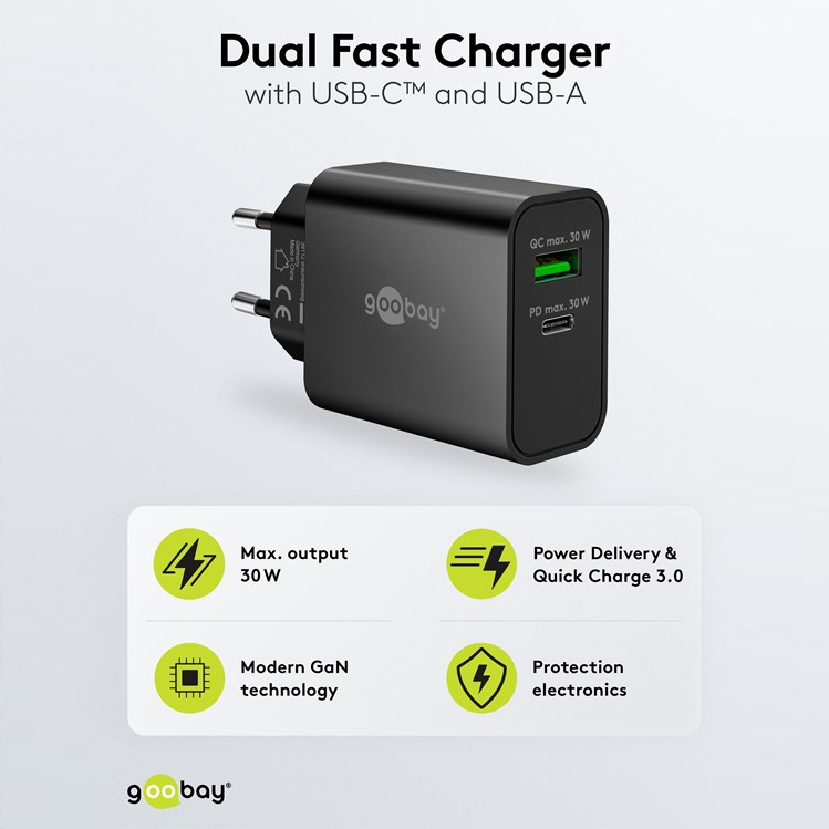 GaN brzi punjač GOOBAY 30W (USB-C PD + USB-A QC) crna boja-1