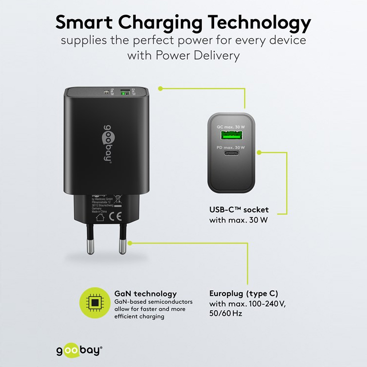 GaN brzi punjač GOOBAY 30W (USB-C PD + USB-A QC) crna boja-3
