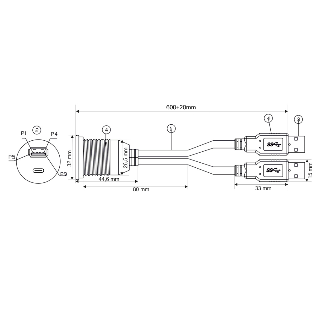 Ugradbena utičnica AMPIRE USB-A i USB-C na 2x USB-A, 60 cm-6