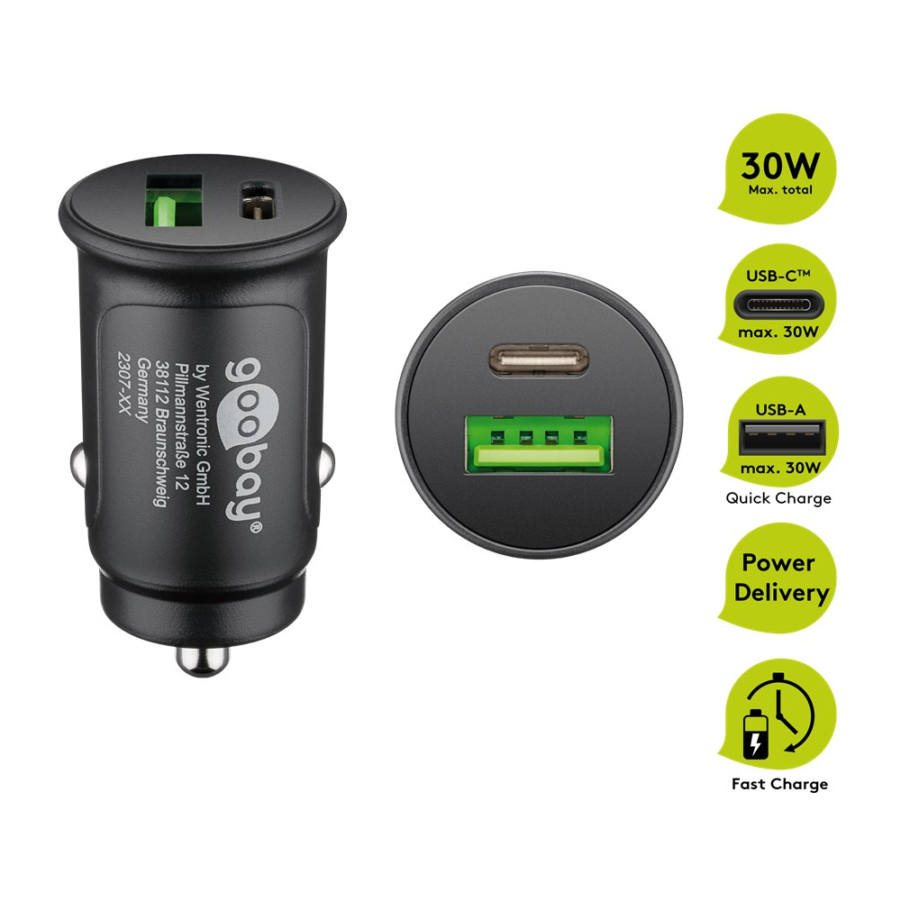 Auto punjač GOOBAY Duo USB-C PD + USB-A QC 3.0 30W crna boja-1
