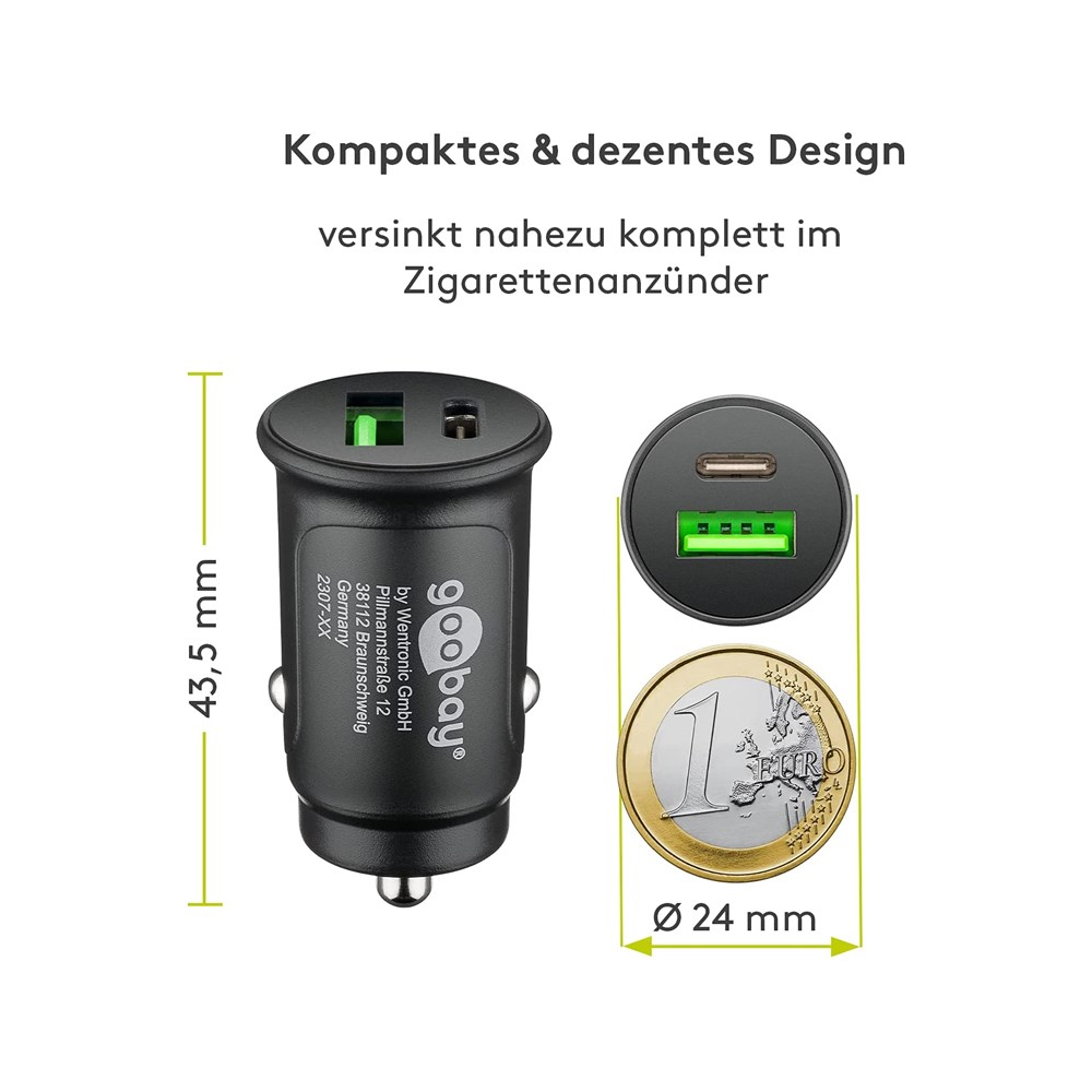 Auto punjač GOOBAY Duo USB-C PD + USB-A QC 3.0 30W crna boja-3