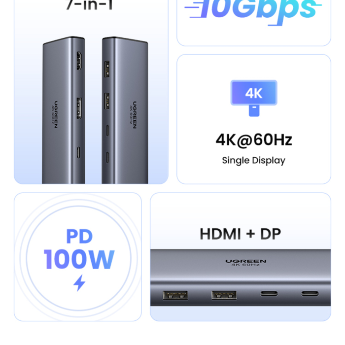 USB-C Hub UGREEN 7-u-1 (HDMI, DisplayPort, 4x USB, PD 100W)-3