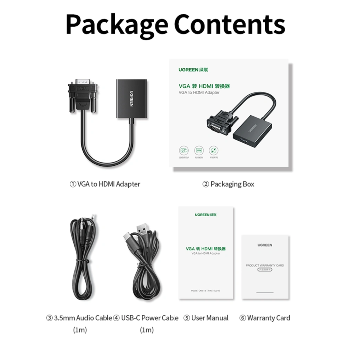 Adapter UGREEN CM513 VGA na HDMI (1080p, 3.5mm Audio, USB-C napajanje)-12
