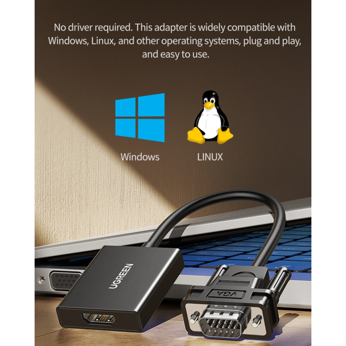 Adapter UGREEN CM513 VGA na HDMI (1080p, 3.5mm Audio, USB-C napajanje)-3