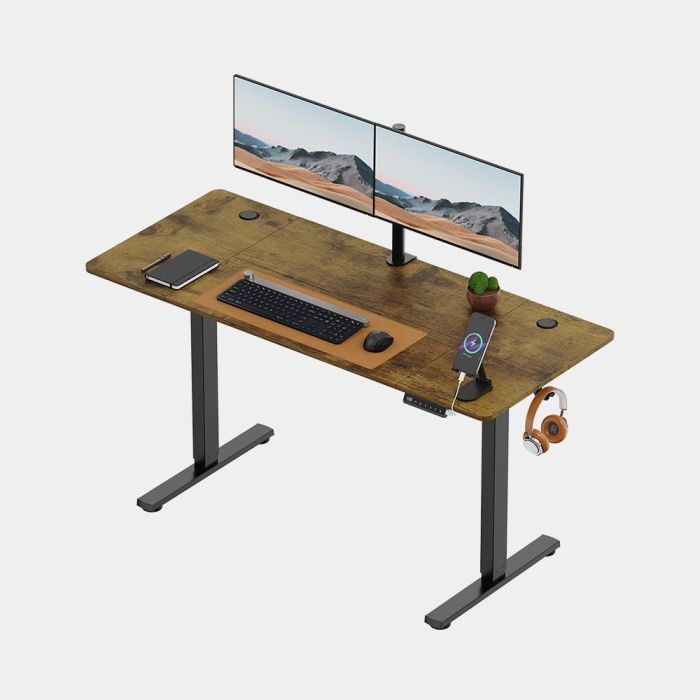 VonHaus Električna dvižna pisalna miza 140 × 60 cm, črno podnožje z orehovo delovno ploščo, USB-C polnilnim priključkom-1