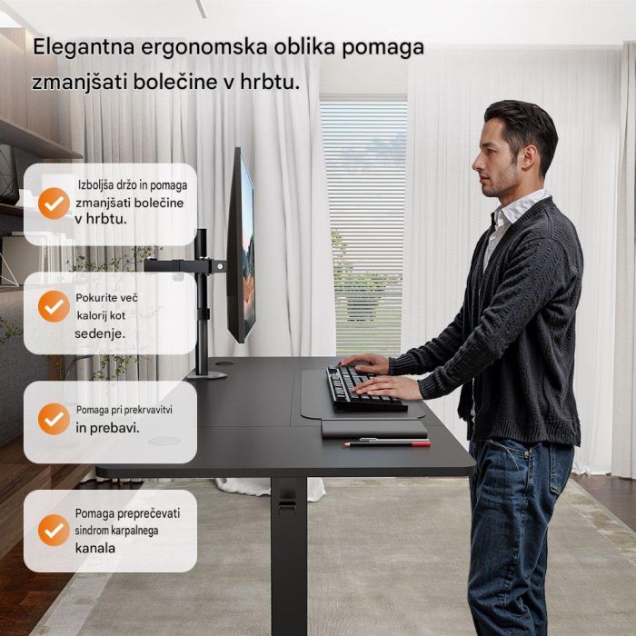 VonHaus Električna dvižna pisalna miza 140 × 60 cm, črno podnožje z orehovo delovno ploščo, USB-C polnilnim priključkom-4