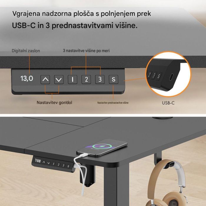 VonHaus Električna dvižna pisalna miza 140 × 60 cm, črno podnožje z orehovo delovno ploščo, USB-C polnilnim priključkom-2