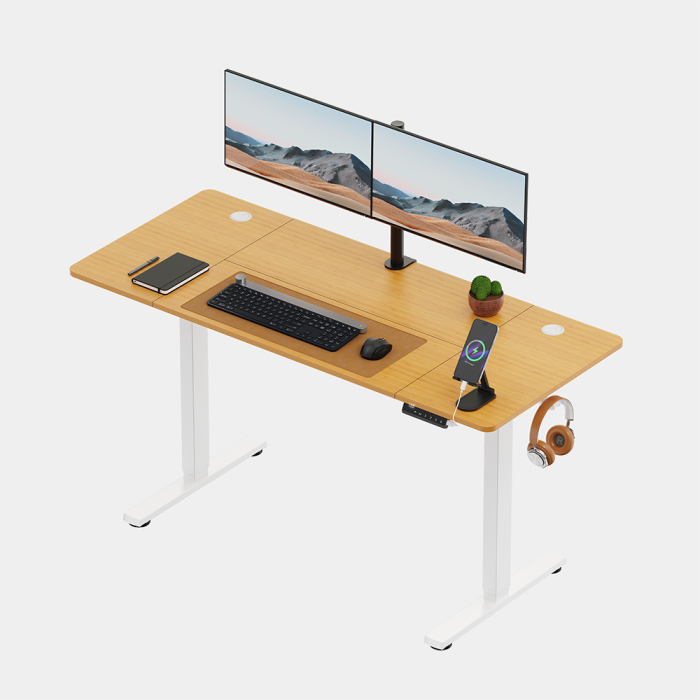 VonHaus Električna dvižna pisalna miza 140 × 60 belo podnožje z javorjevo del. ploščo, USB-C polnilni priključek-1