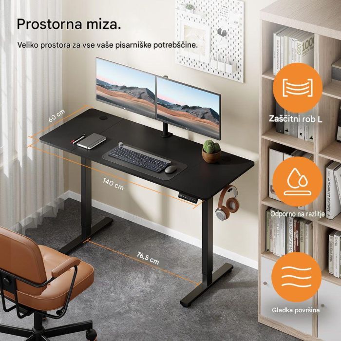VonHaus Bela električno nastavljiva dvižna pisalna miza 140 × 60 cm z USB-C polnilnim priključkom-3