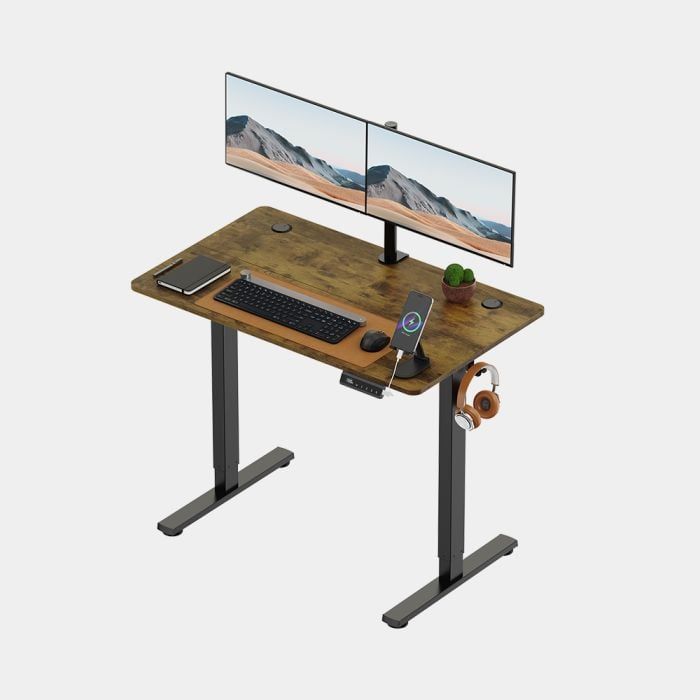 VonHaus Dvižna pisalna miza 100 × 60 cm – orehova plošča, črno podnožje, USB-C-1