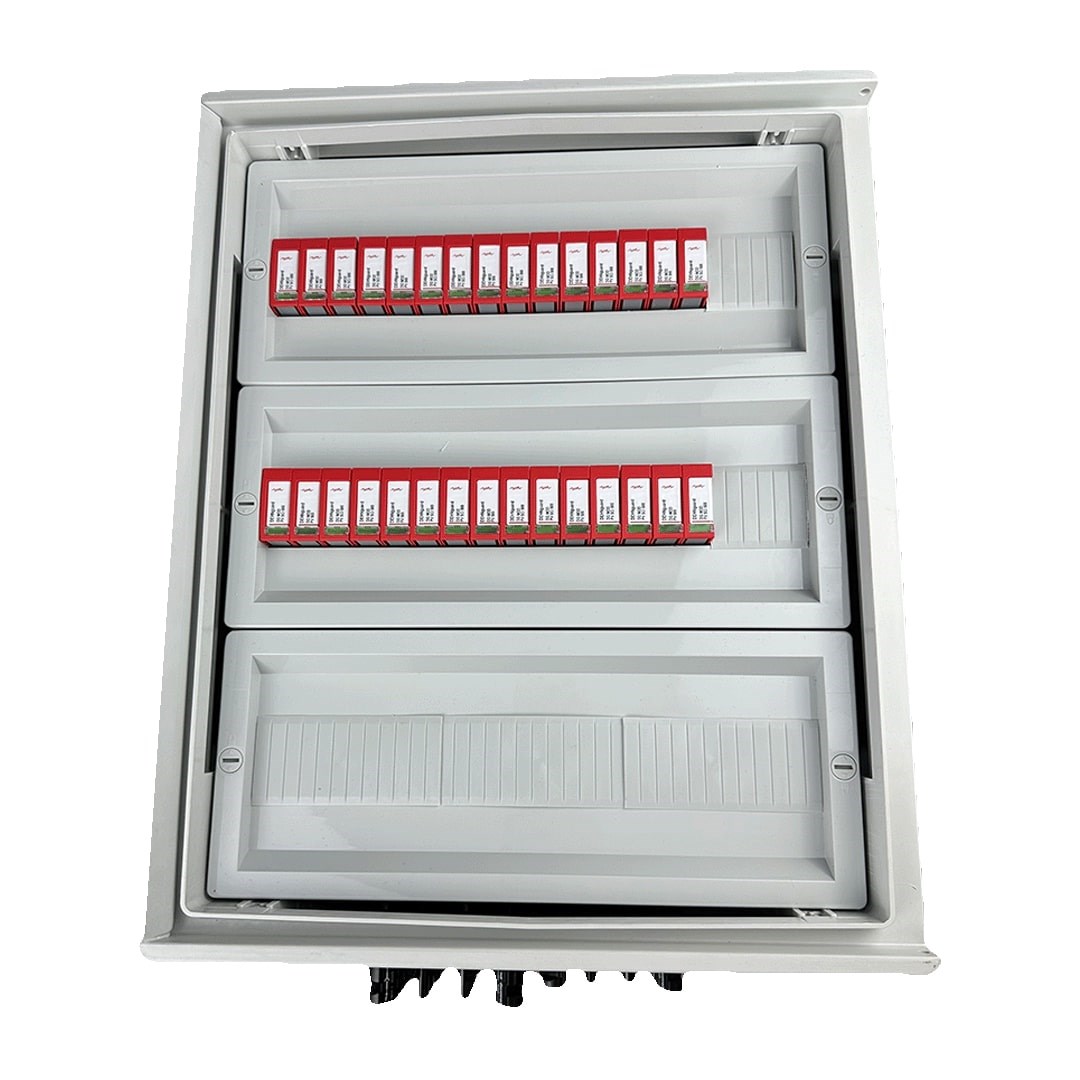 Switchgear attached DC hermetic IP66 EMITTER with DC Dehn 1000V Type 2 Surge Arrester, 10x PV String, 10x MPPT-0