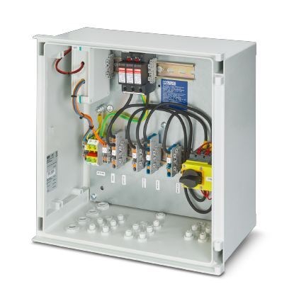 Box adj. gener. to the syst. photovolts. for 1MPPT,with DC fire disconnector/Phoenix-Contact/1000DC/box 1MPPT/1137053/Includes: Og. overvoltages type T1/T2, DC fire disconnector with remote access, sealed enclosure (IP65) with cable glands