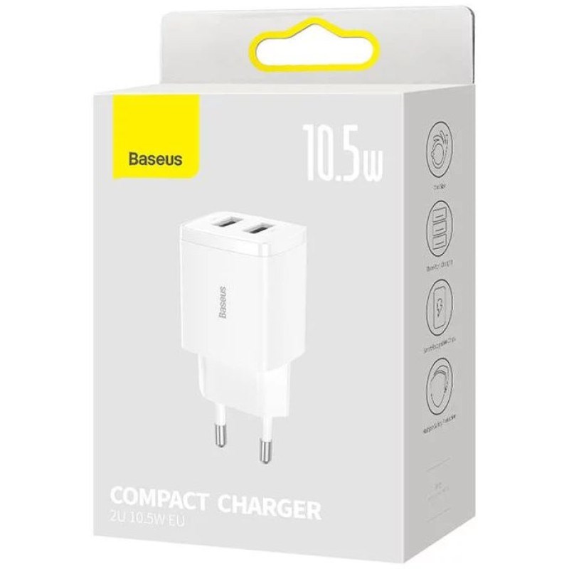 Zidni punjač BASEUS Compact Charger 2U 10.5W (2x USB-A), bijela boja-2