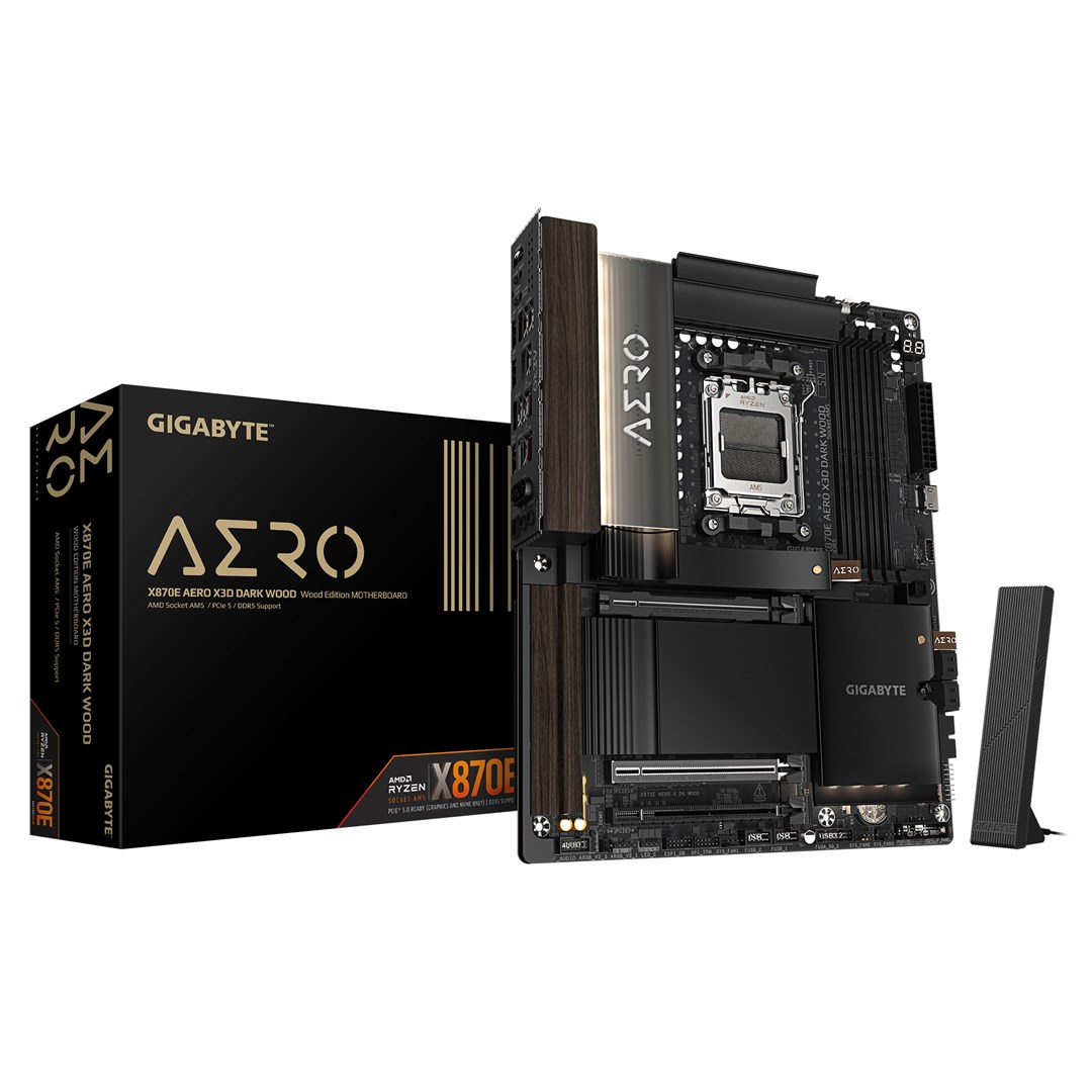 GIGABYTE X870E AERO X3D DARK WOOD Motherboard - Supports AMD Ryzen 9000 CPUs, 16+2+2 Phases Digital VRM, up to 9000Hz DDR5 (OC), 2xPCIe 5.0 + 2xPCIe 4.0, Wi-Fi 7, 5GbE LAN, USB 4-0
