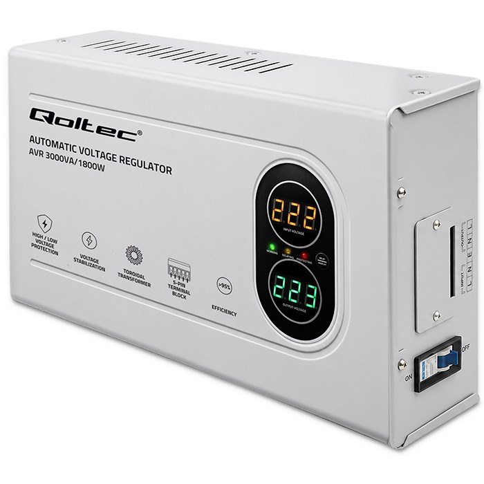 Qoltec Automatyczny Stabilizator napięcia AVR 3000VA | 1800W | Compact | Toroidalny transformator-0