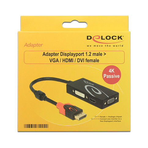 Adapter DELOCK DisplayPort 1.2 na VGA / HDMI / DVI 4K pasivni 62902, crna boja-1