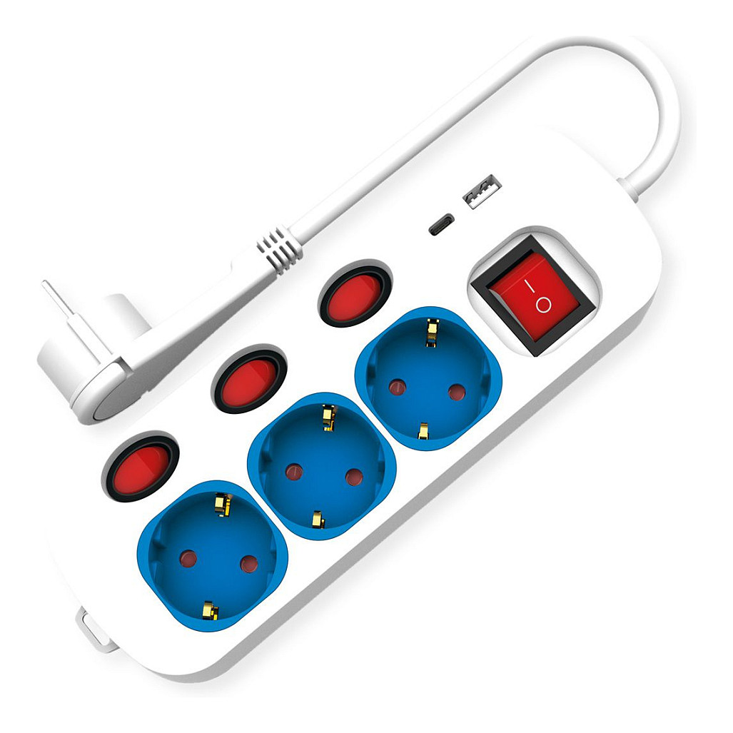 ROLINE 3-fach Steckdosenleiste mit Schalter, USB-Charger A+C, 3 m