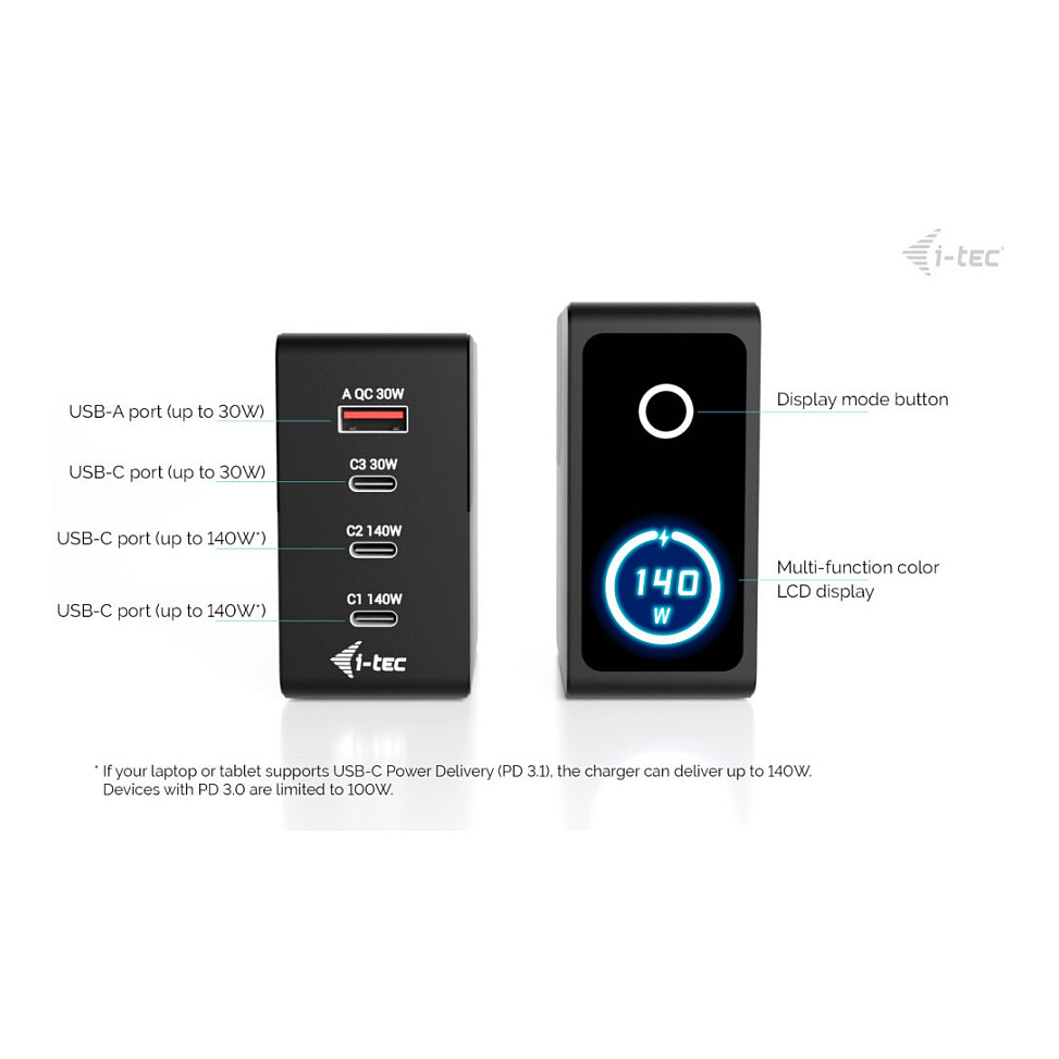 D I-TEC 140W Intelligent Multiport USB Charger 3x USB-C 1x USB-A LCD display-3