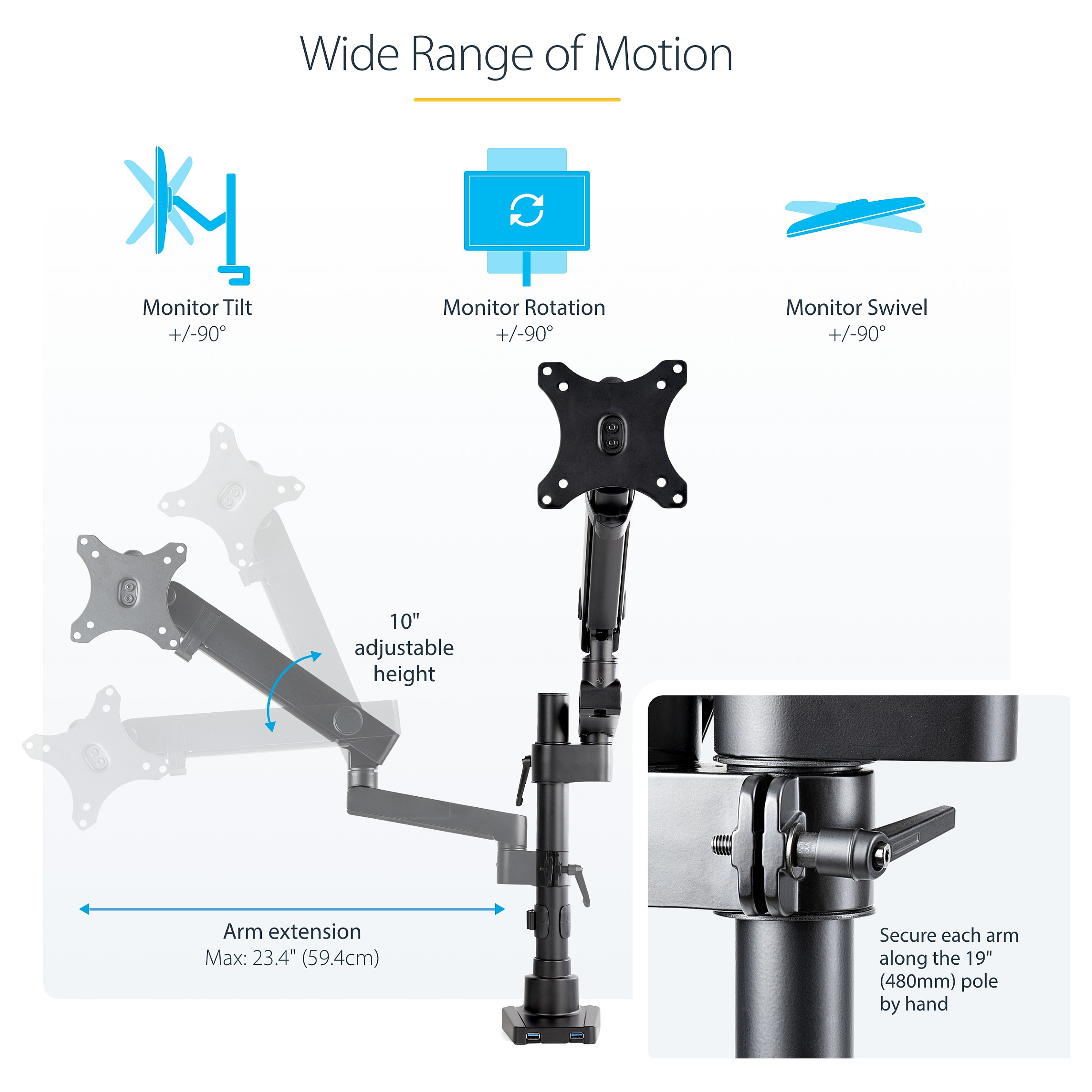 StarTech.com Desk Monitor Arm with 2x USB 3.0 Ports Monitor Mount-13