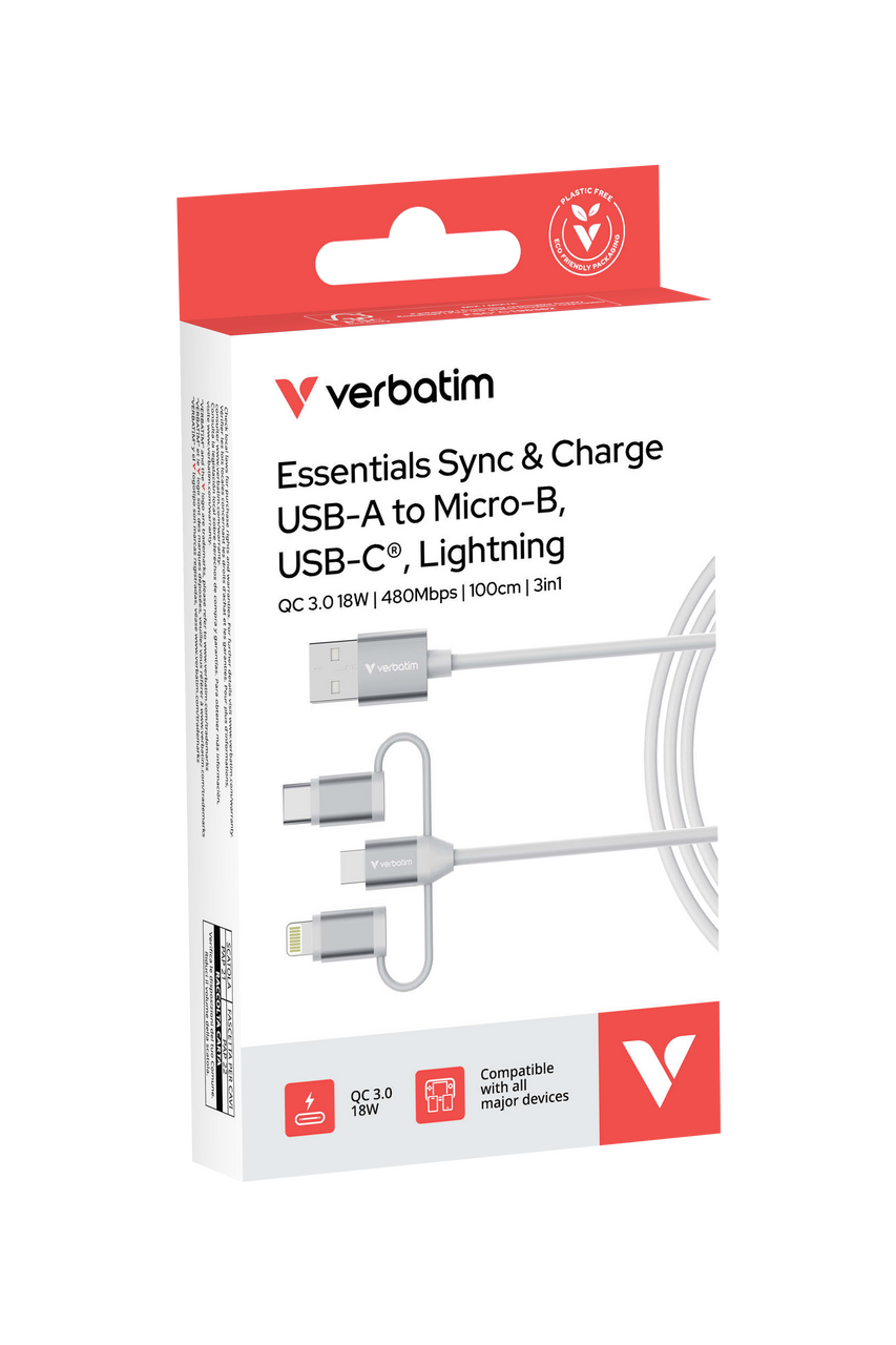 Kabel VERBATIM 3-u-1 Sync & Charge USB-A na Micro-B/USB-C/Lightning (1.0m, 18W), bijela boja-0