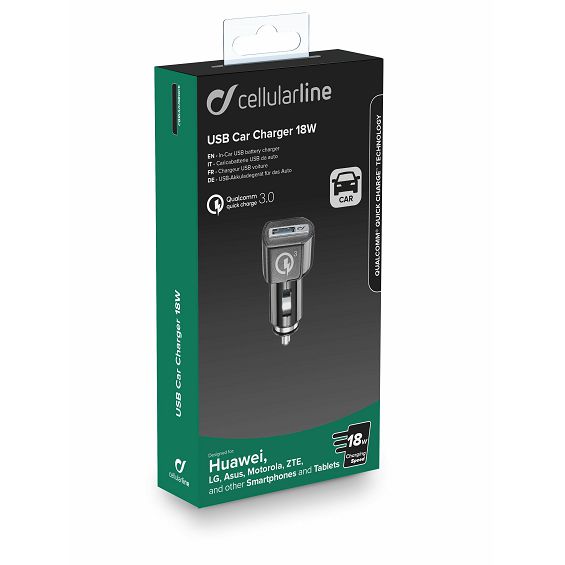 Auto Punjač CELLULARLINE, Za Huawei/Motorola, 18W, 1xUSB-A, QC 3.0, Crni-3