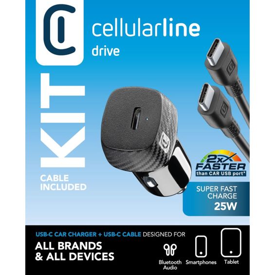 Auto Punjač CELLULARLINE, 25W, 1xUSB-C, Kabel C-C 100 cm, Crni-1