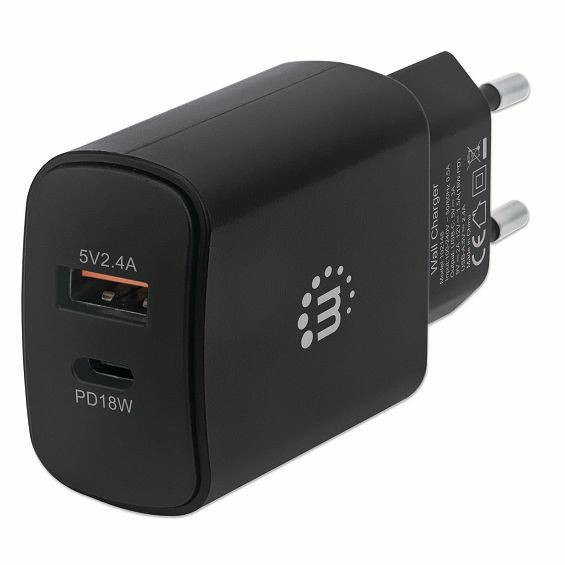 Kućni punjač MANHATTAN 102148 27W (USB-C PD 18W + USB-A), crna boja-1