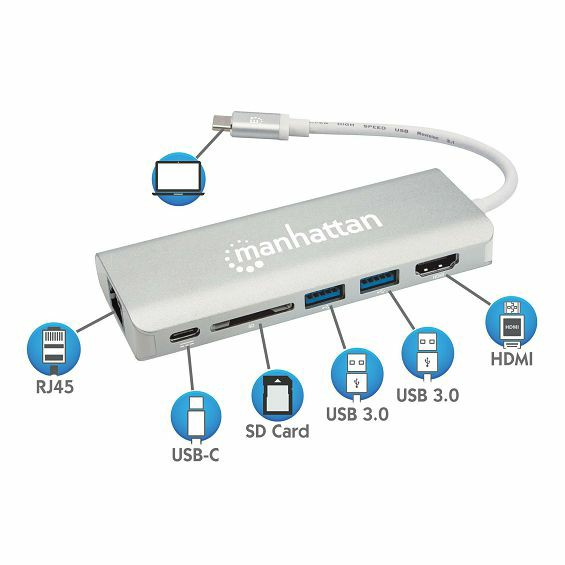 Adapter MANHATTAN 152075, Multiport, 3.2 USB-C  na HDMI 4K, 2xUSB-A 3.0, USB-C, RJ45, SDCR-2