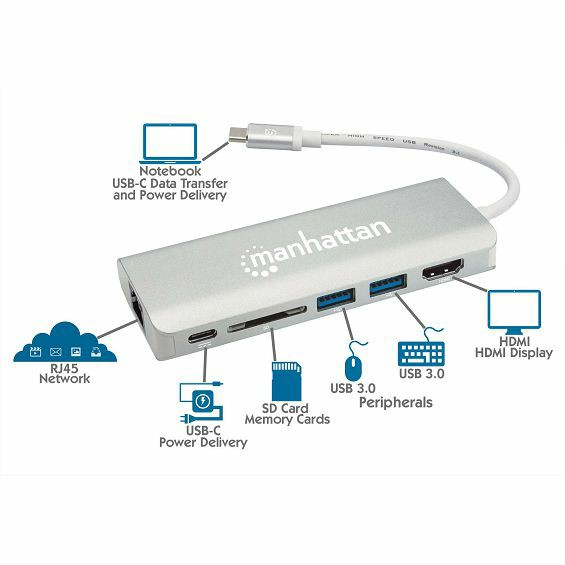Adapter MANHATTAN 152075, Multiport, 3.2 USB-C  na HDMI 4K, 2xUSB-A 3.0, USB-C, RJ45, SDCR-3