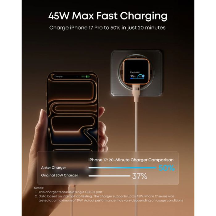 Kućni punjač ANKER, Nano Smart Display, 45W, 1xUSB-C, PD, PPS, QC, Black, A121DG11-5