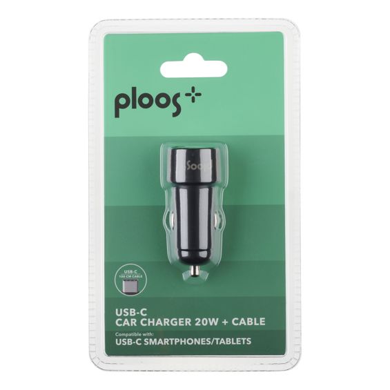 Auto punjač PLOOS 20W s USB-C kabelom, crna boja-1