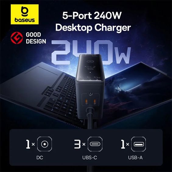 Kućni Punjač BASEUS Display GaN Desktop, 3x USB-C/USB-A/DC, 240W+4x kabel, Black, P10163902112-00-4