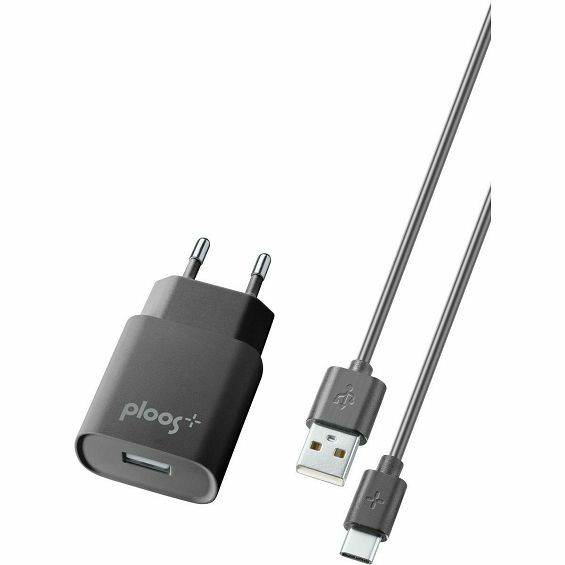 Kućni punjač PLOOS 2A s USB-C kabelom (1x USB-A), crna boja