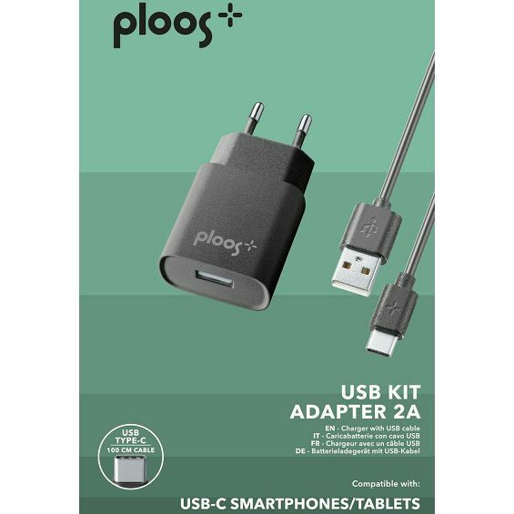 Kućni punjač PLOOS 2A s USB-C kabelom (1x USB-A), crna boja-1