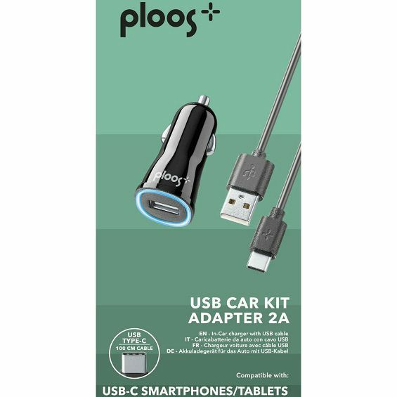 Auto punjač PLOOS 10W (2A) 1x USB-A + USB-C kabel, crna boja-1