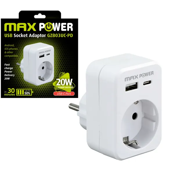 MAXPOWER UTIKAČ s USB A+TYPE C punjačem GZB03UC-PD,20W,BIJELI