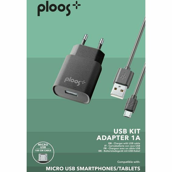 Kućni Punjač PLOOS, 1A, 1xUSB-A, Kabel Micro USB 100cm, Crni-1