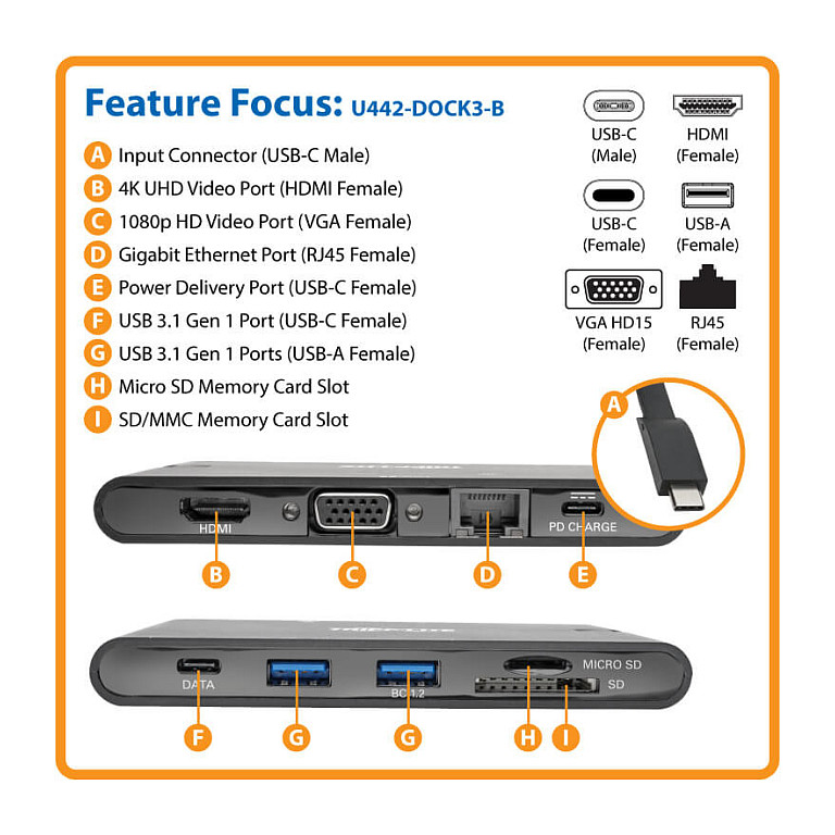 USB-C Docking stanica EATON Tripp Lite U442-DOCK4-S (4K HDMI, VGA, GbE, 100W PD)-7