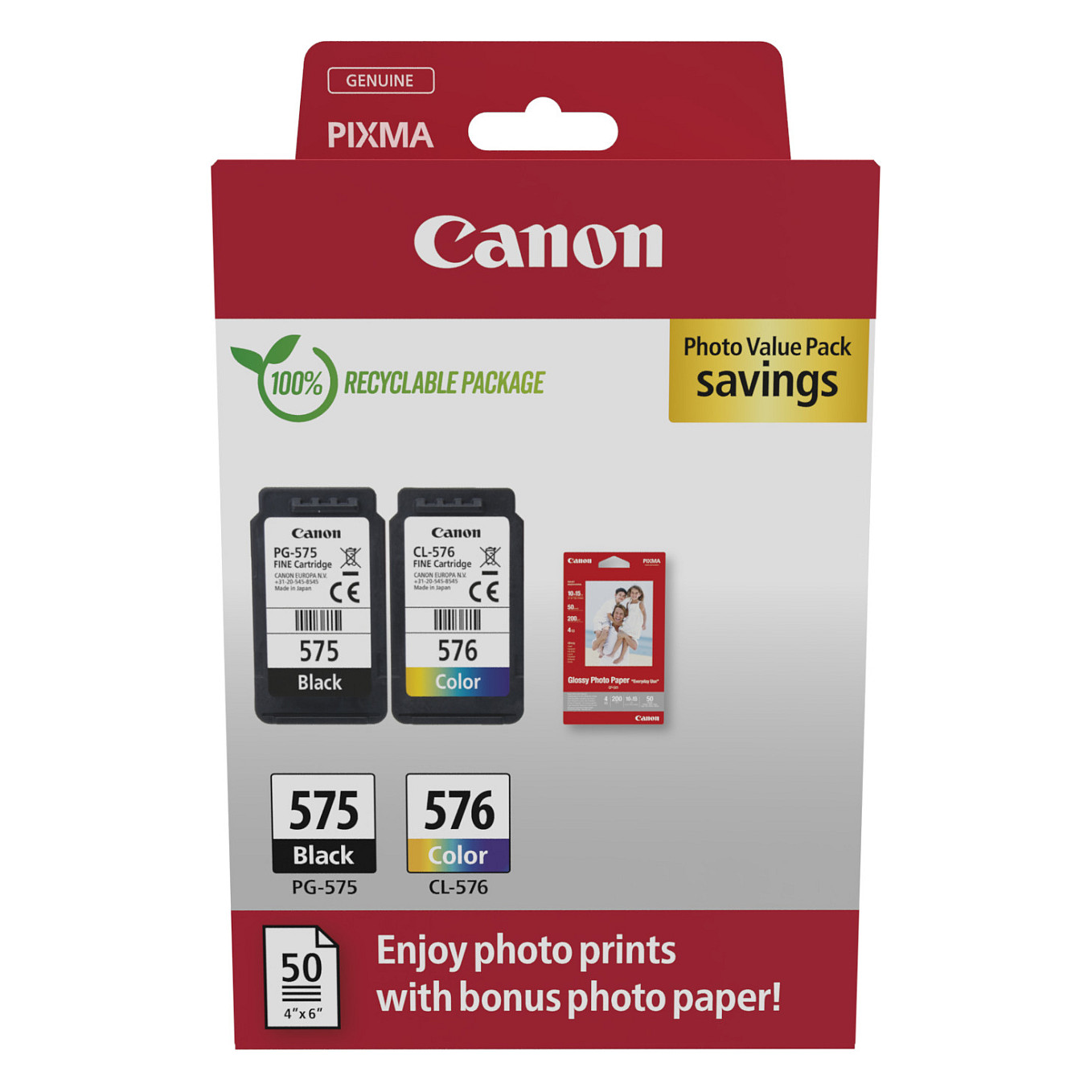 Canon Original PG-575 + CL-576 Druckerpatronen Valuepack - 1 x schwarz / 1 x farbig + 50 Blatt Fotopapier (5438C004)-0