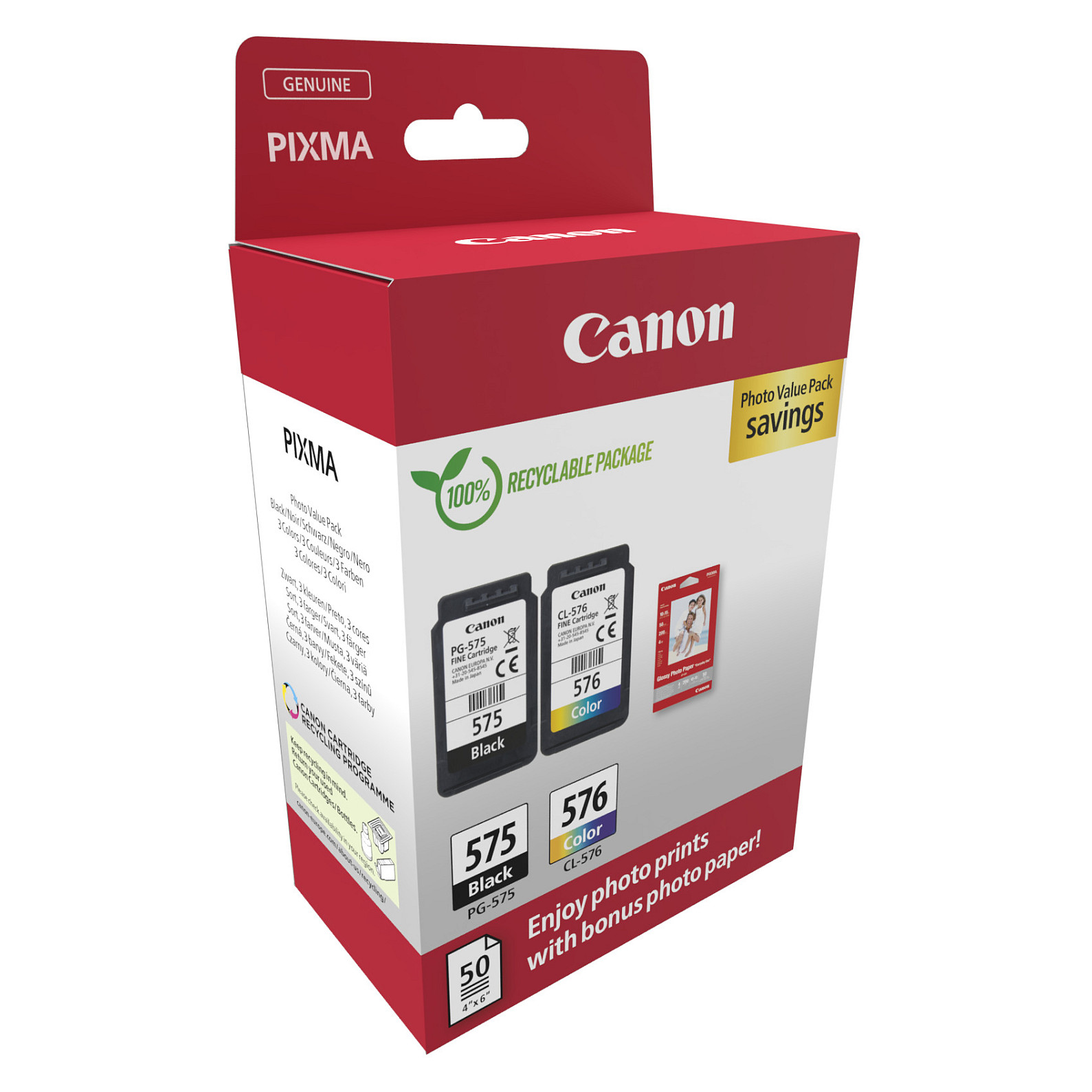 Canon Original PG-575 + CL-576 Druckerpatronen Valuepack - 1 x schwarz / 1 x farbig + 50 Blatt Fotopapier (5438C004)-1