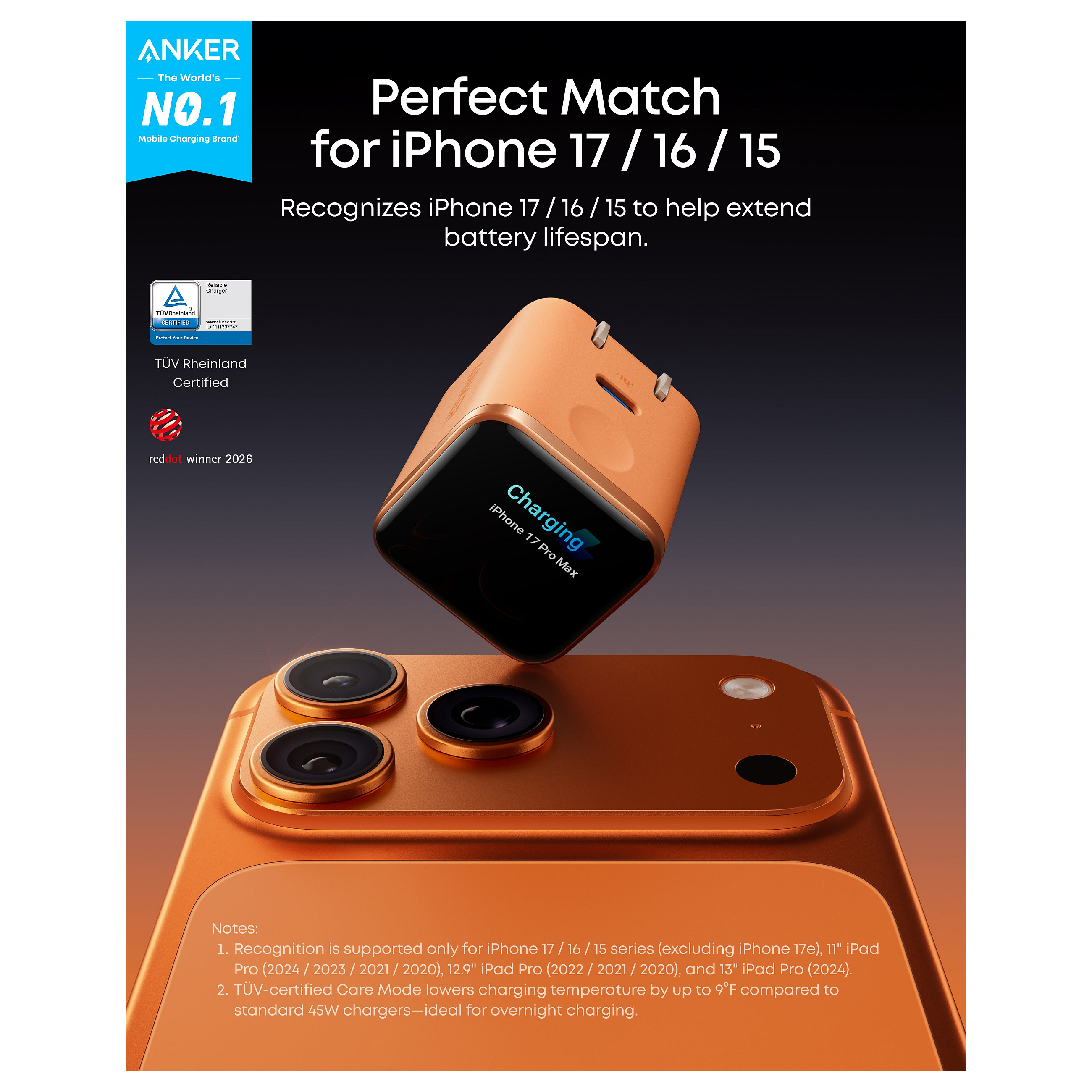 ANKER Nano Charger 45W GaN Ladegert 1x USB-C ActiveShield 5.0 Touchsensor iPhone Erkennung SmartDisplay orange-1