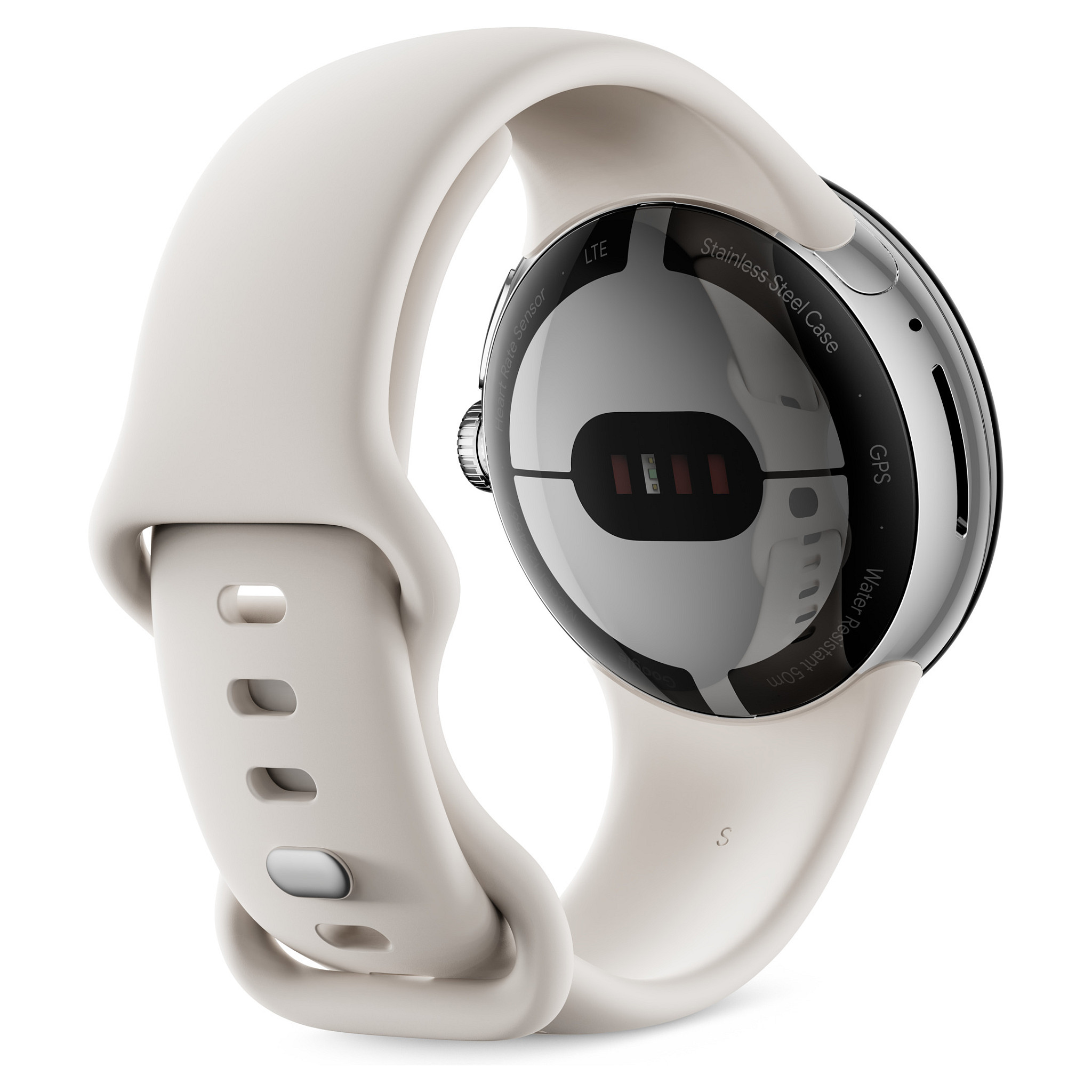 Google Pixel Watch polished silver stainless steel 41mm chalk active band DE-2