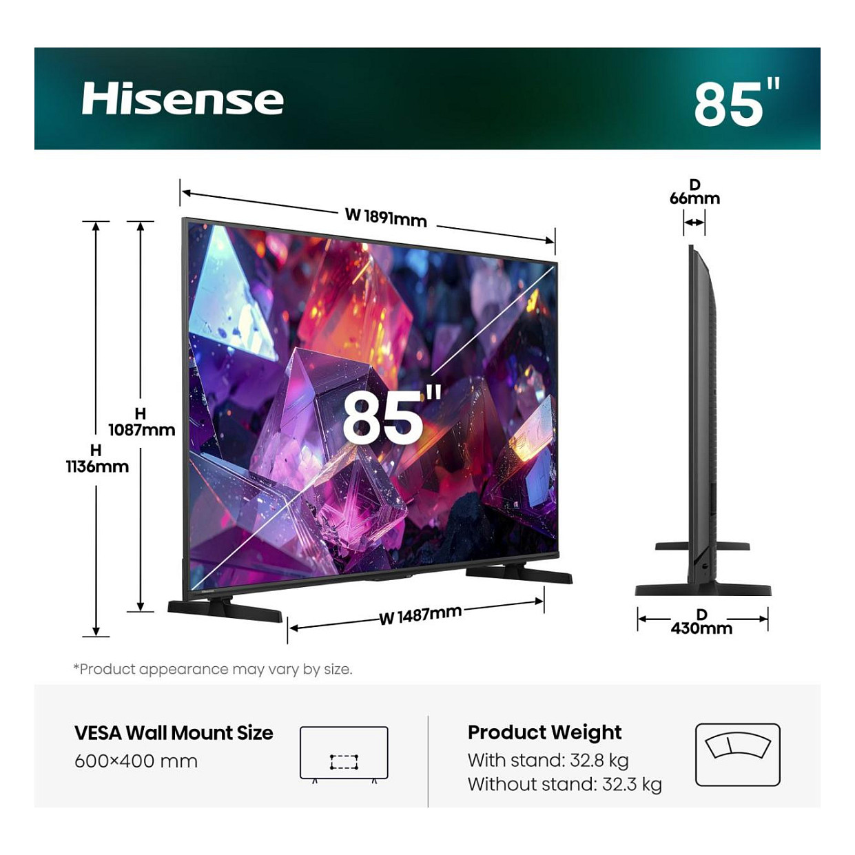 TV HISENSE 85E7S PRO 85" (QLED, 216 cm, 4K UHD, VIDAA, HDR, DVB-T2/C/S2, crna boja)-1