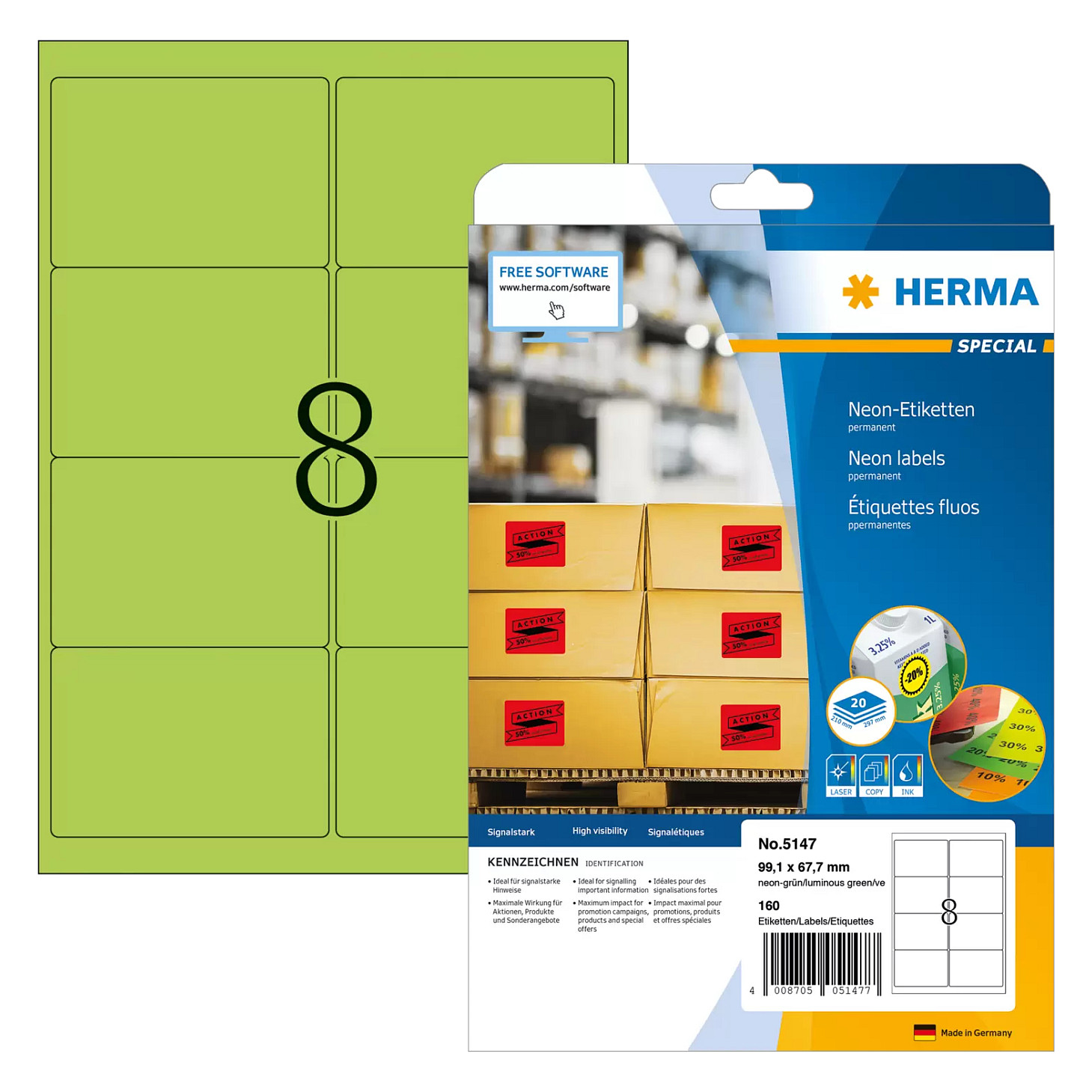 Etikete HERMA SuperPrint 5147 (A4, 99.1x67.7 mm, neonsko zelena boja, 160 kom)-0