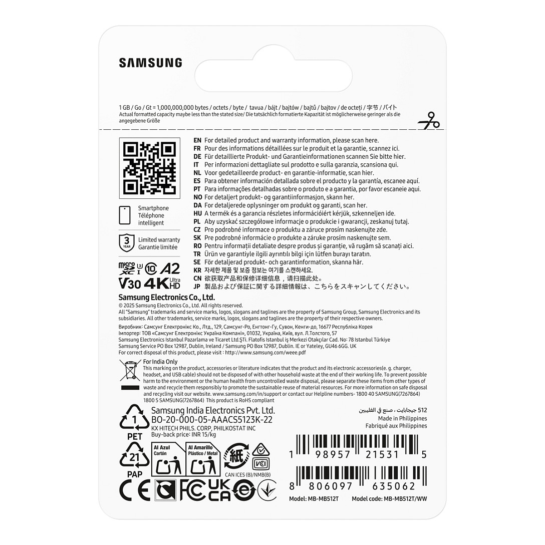 CARD SAMSUNG T7 microSD Speicherkarte 512GB fr Smartphones Tablets und Handheld-Konsolen bis zu 170MB/s Lesen MB-MB512T/WW-4