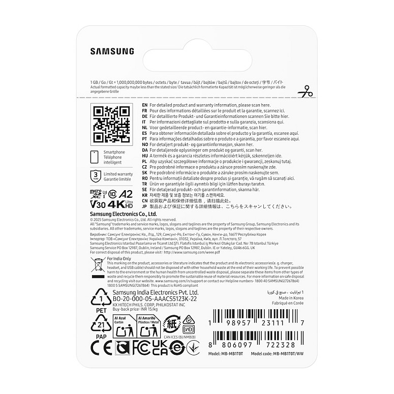 CARD SAMSUNG T7 microSD Speicherkarte 1TB fr Smartphones Tablets und Handheld-Konsolen bis zu 170MB/s Lesen MB-MB1T0T/WW-4