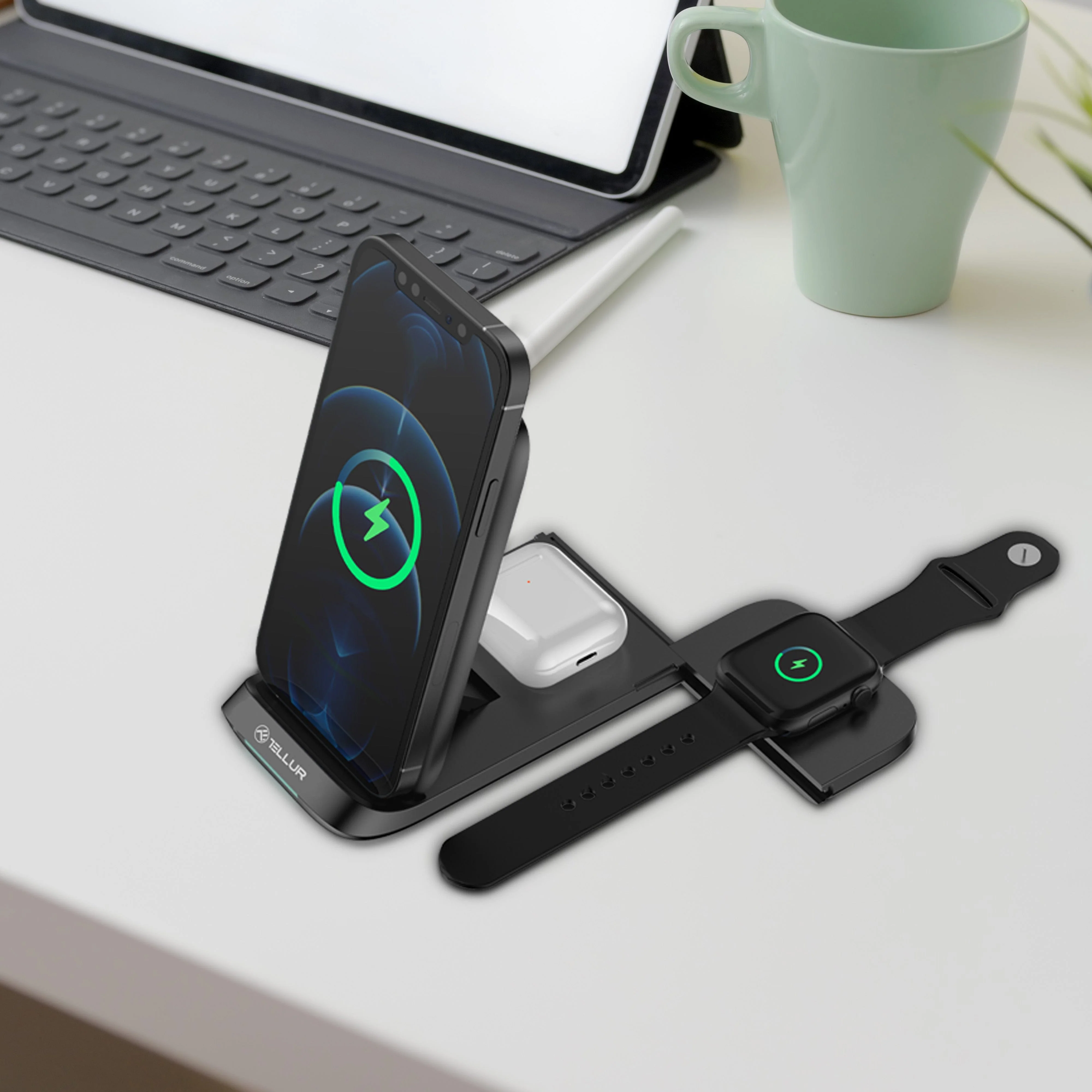 TELLUR 3-in-1 Qi Wireless Desk Charger, 15W, Qi Certified, Foldable, Black-3