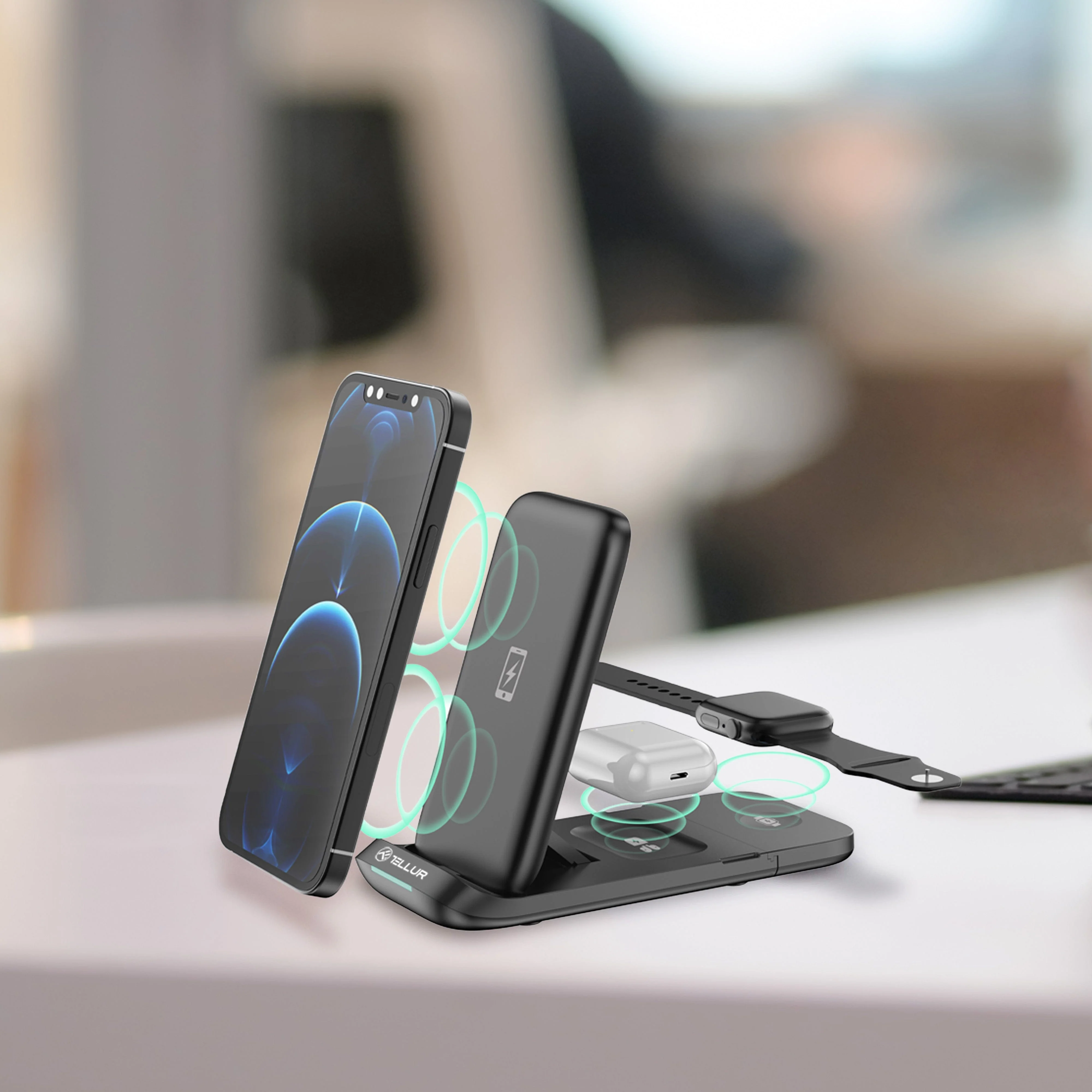 TELLUR 3-in-1 Qi Wireless Desk Charger, 15W, Qi Certified, Foldable, Black-2