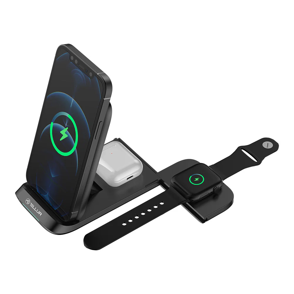 TELLUR 3-in-1 Qi Wireless Desk Charger, 15W, Qi Certified, Foldable, Black-0